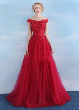 Off Shoulder Burgundy Lace Tulle Amazing Evening Dress